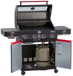 Rösle Videro G4-S VARIO+ Schwarz Gasgrill - FC Bayern Edition - Inkl. FC Bayern Abdeckhaube, Grillzange, Grillbürste Und Grillhandschuhe -Barbecue Shop Roesle Videro G4 S FC Bayern Unterschrank offen